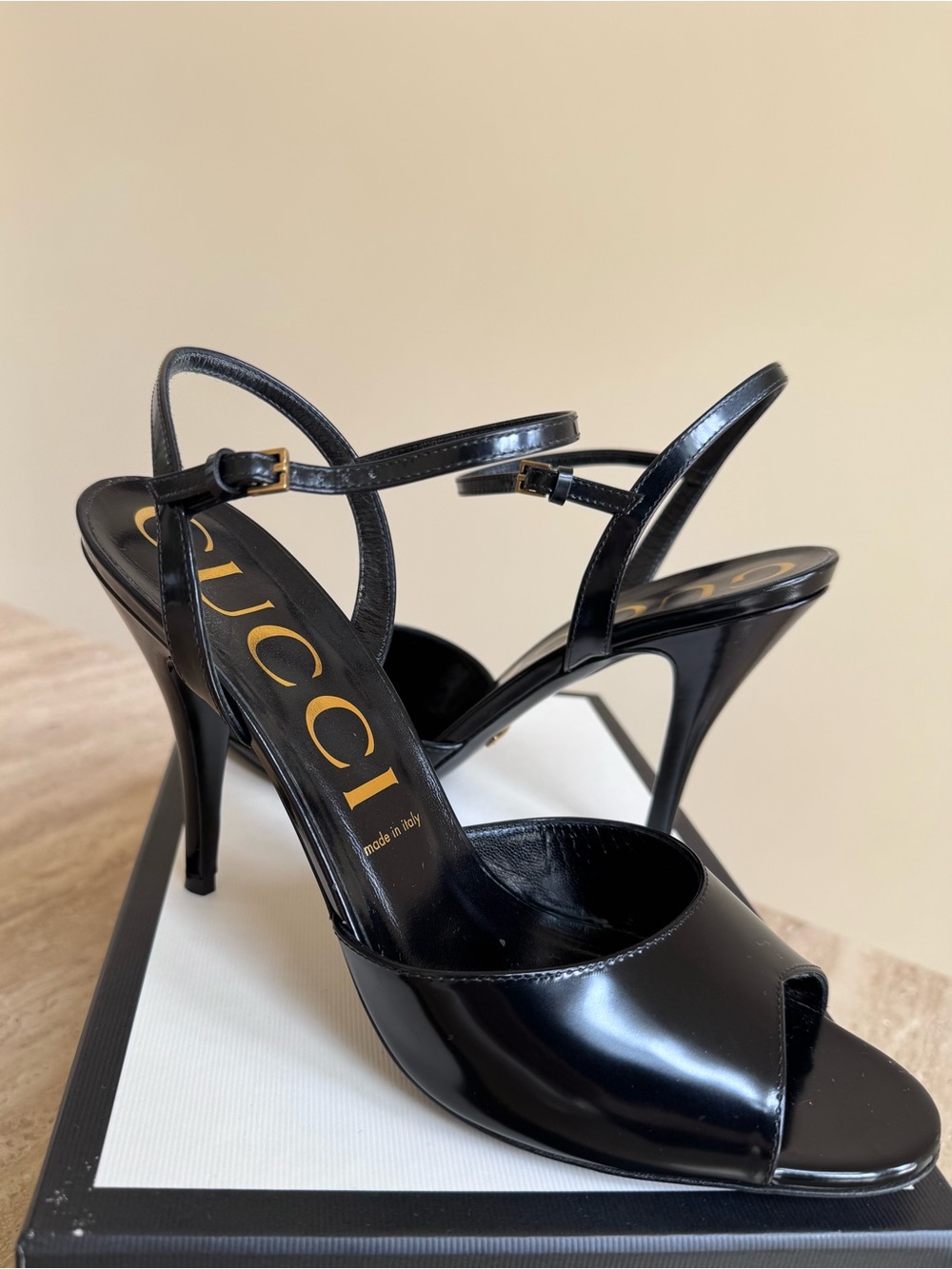 Gucci Black Patent Leather Ankle-Strap Open-Toe Heels - Picture 3 of 8
